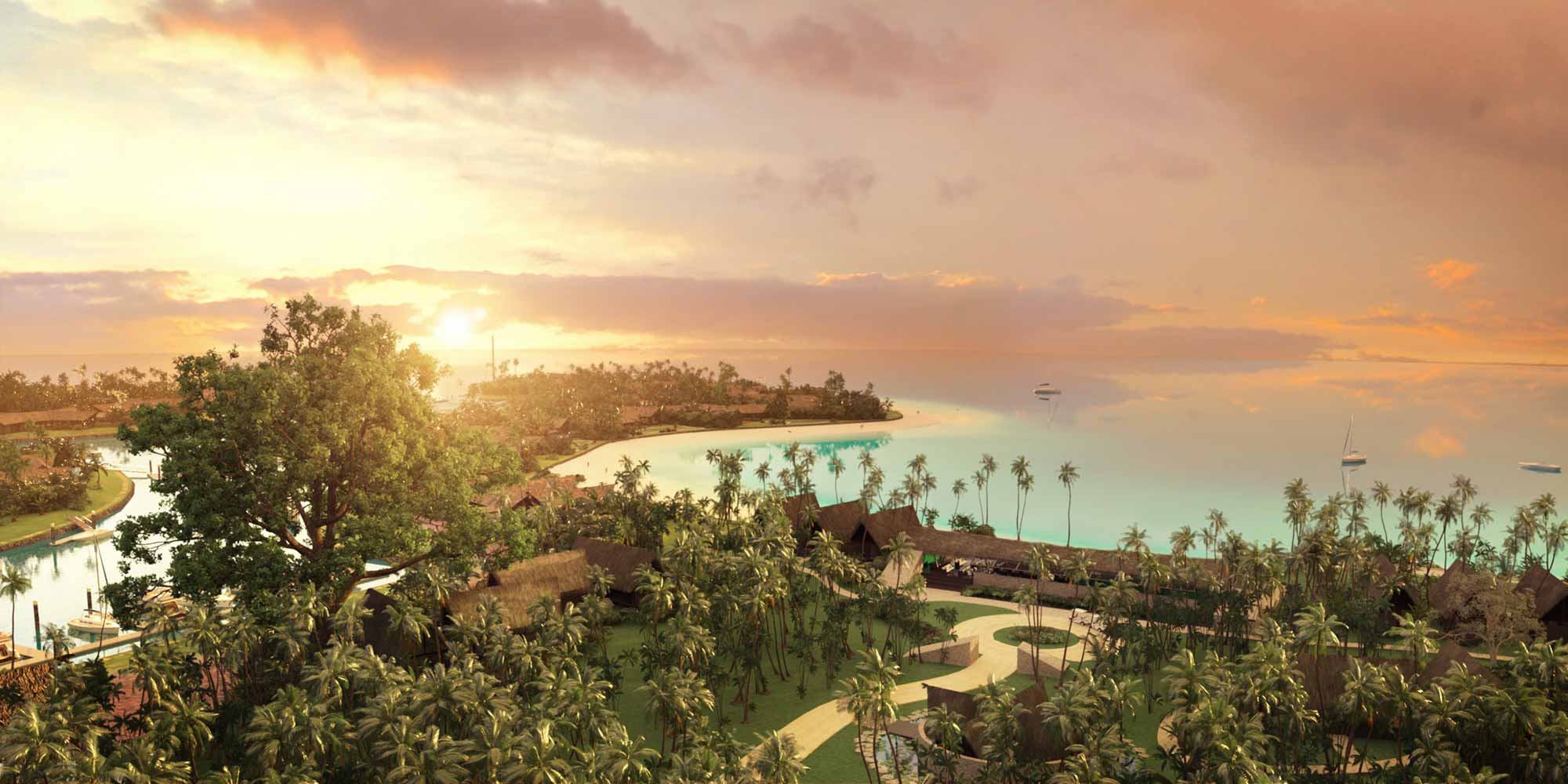 aerial sunset view of the six senses resort in fiji
